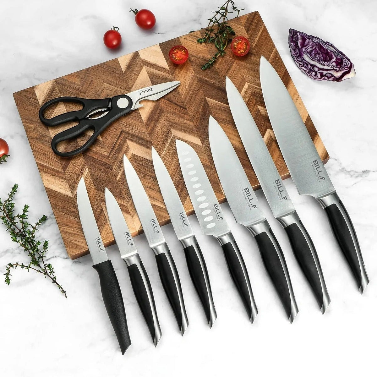 BILL.F 14 Pieces Kitchen Knife Set with Block and Sharpener, Stainless Steel Knives Kitchen Set Including Scissors