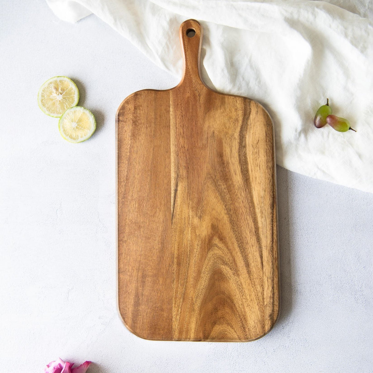 Acacia Wood Cutting Board with Handle Serving Cheese Board for Bread, Sandwich, Appetizers - Knife Friendly