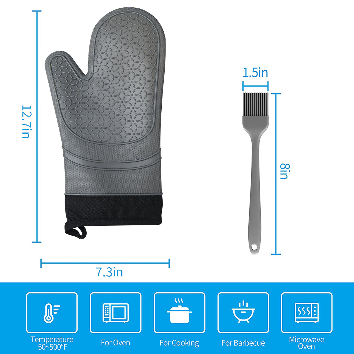 Max 50% off - One Pair Silicone Oven Gloves with Mini Oven Gloves Brush, Pack of 3 (Gray)