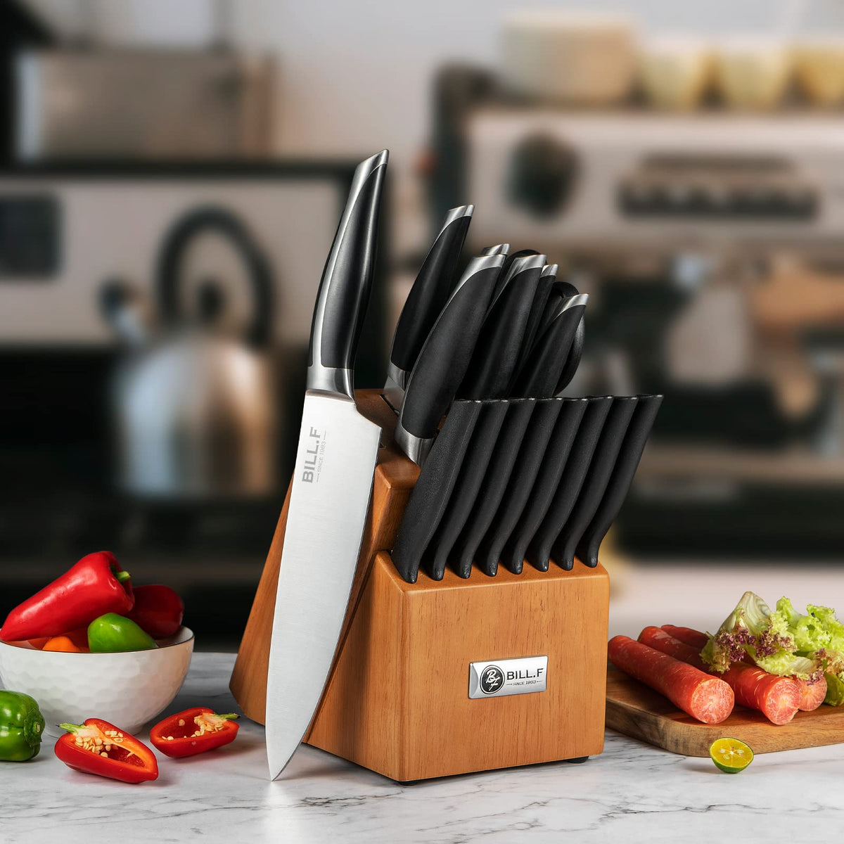 BILL.F 14 Pieces Kitchen Knife Set with Block and Sharpener, Stainless Steel Knives Kitchen Set Including Scissors