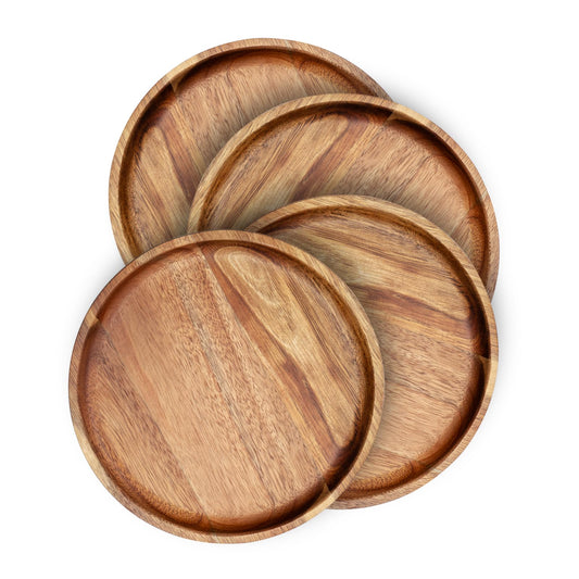 Wooden Plates Round Dinner Plates 8 Inch Acacia Wood Serving Tray Wooden Serving Platters for Home Decor, Food, Vegetables, Fruit, Charcuterie, Appetizer Serving Tray (Set of 4)