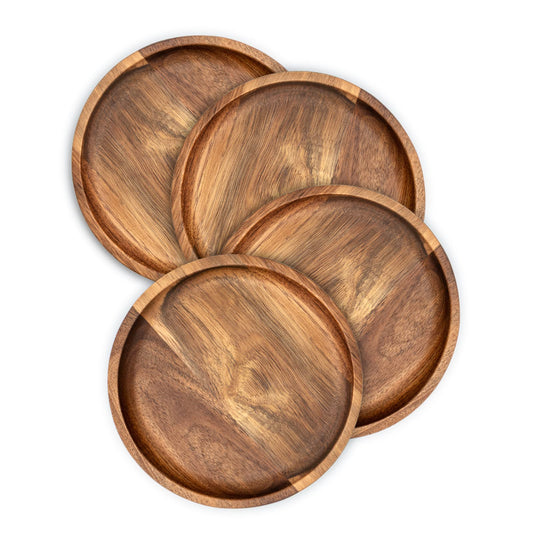 Acacia Wood Round Dinner Plates 6 Inch - Serving Tray & Platters for Home Decor, Food, Vegetables, Fruit, Charcuterie, Appetizer (Set of 4 Wooden Charger)