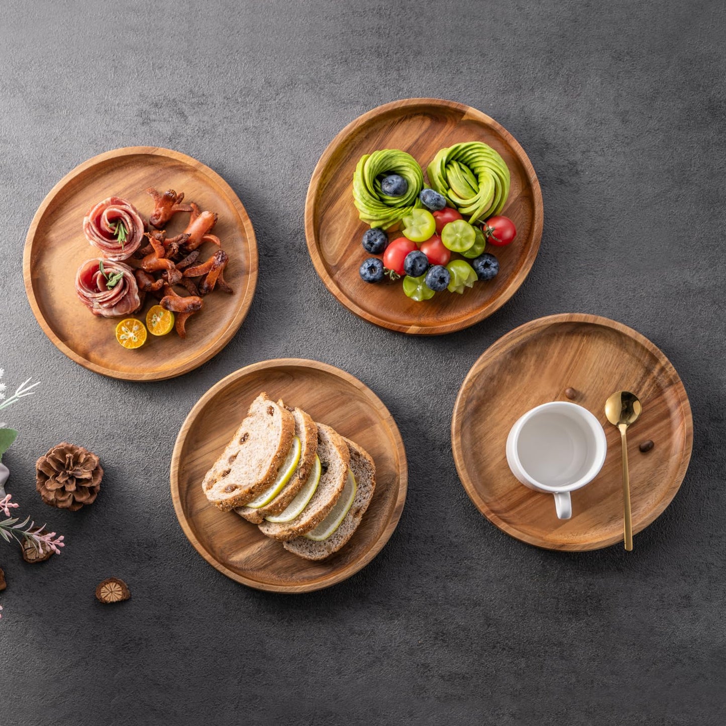Wooden Plates Round Dinner Plates 8 Inch Acacia Wood Serving Tray Wooden Serving Platters for Home Decor, Food, Vegetables, Fruit, Charcuterie, Appetizer Serving Tray (Set of 4)
