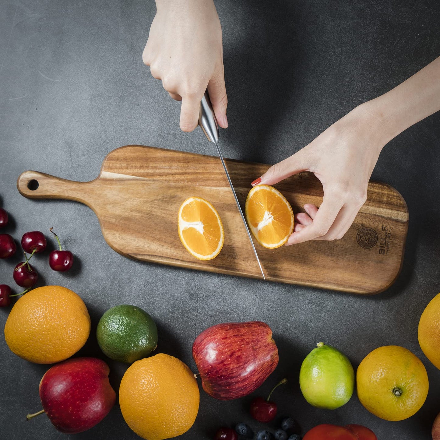 BILL.F Acacia Wood Cutting Board with Handle Wooden Charcuterie Board Paddle Cheese Board Serving Boards for Kitchen Meat, Pizza,Cheese, Bread, Vegetables &Fruits