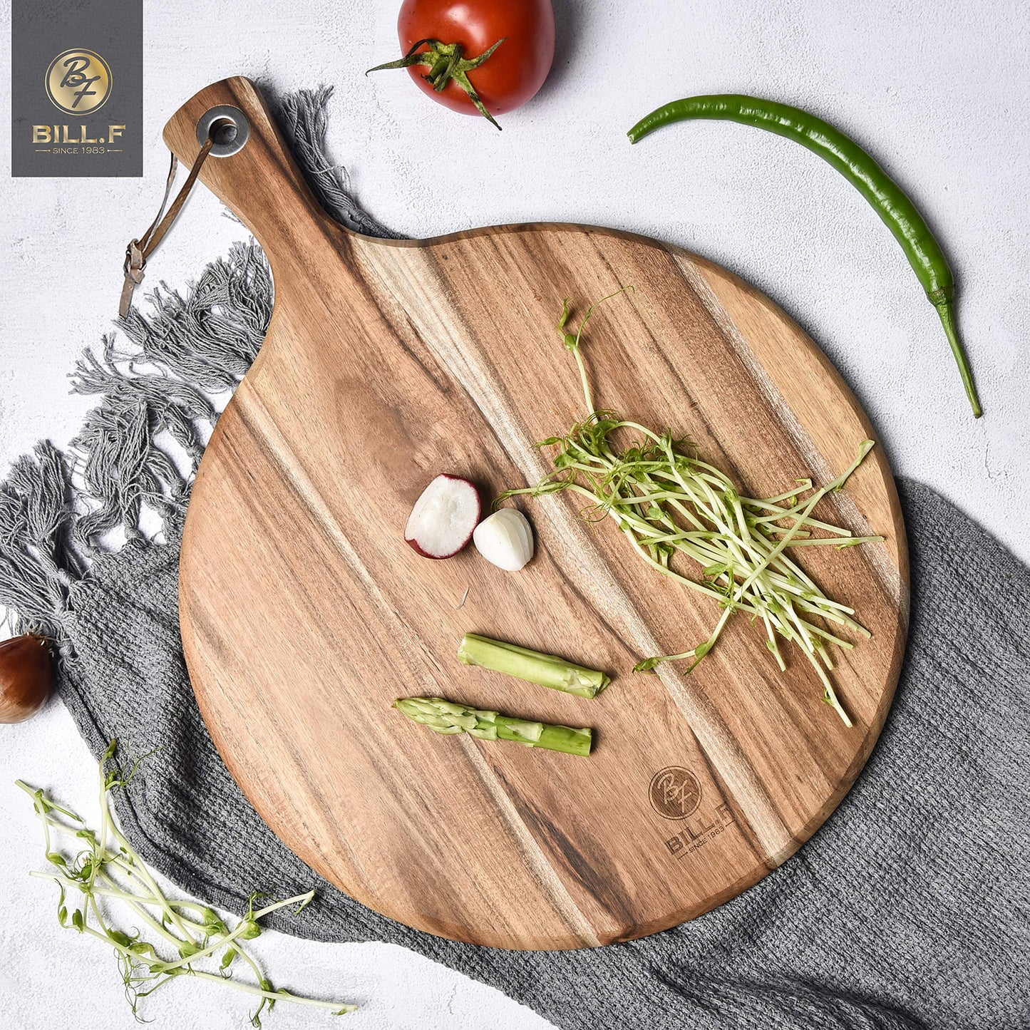 BILL.F Pizza Peel,14" L x 14" W Acacia Wood Cutting Board, with 5" Handle, 19" Overall Length