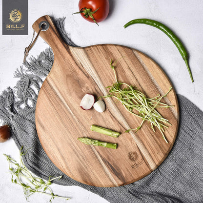 BILL.F Pizza Peel,14" L x 14" W Acacia Wood Cutting Board, with 5" Handle, 19" Overall Length