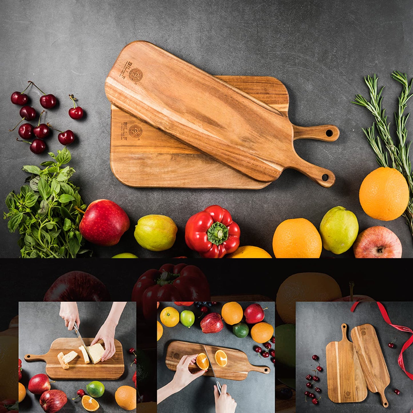 BILL.F Acacia Wood Cutting Board with Handle Wooden Charcuterie Board Paddle Cheese Board Serving Boards for Kitchen Meat, Pizza,Cheese, Bread, Vegetables &Fruits