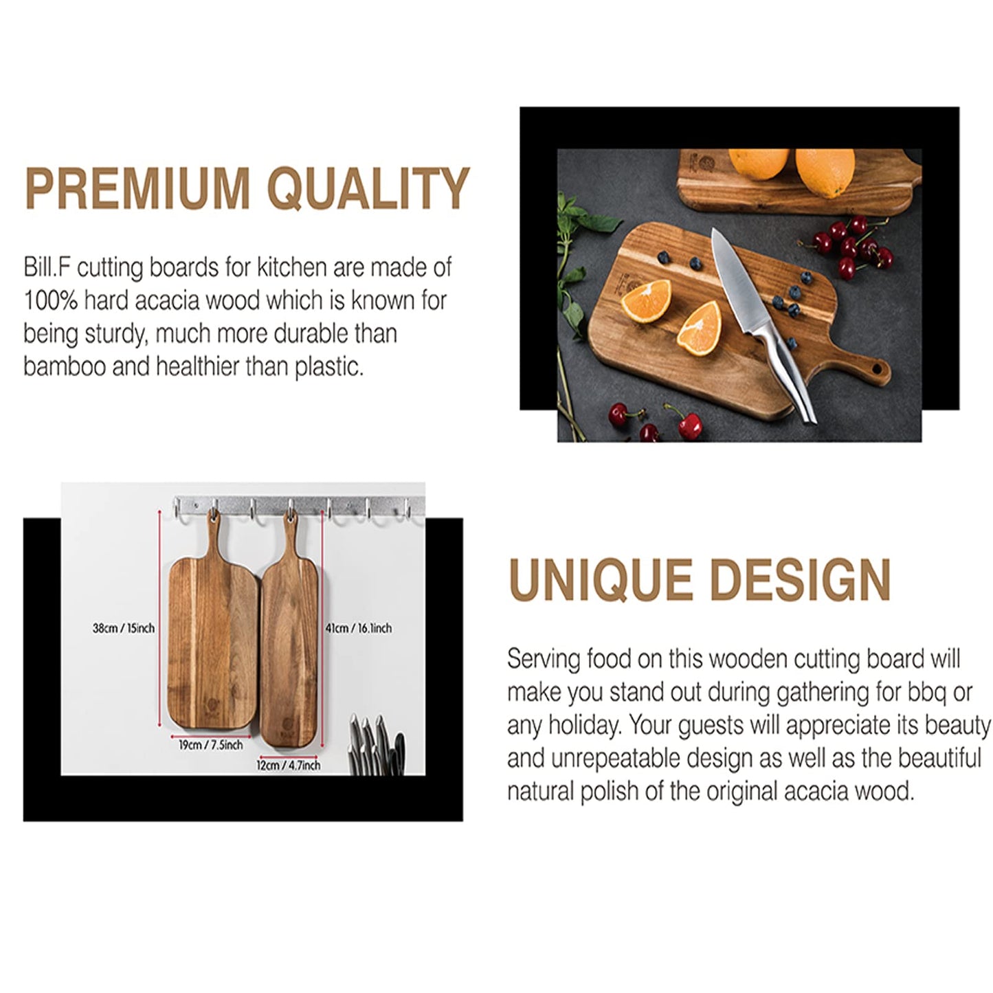 BILL.F Acacia Wood Cutting Board with Handle Wooden Charcuterie Board Paddle Cheese Board Serving Boards for Kitchen Meat, Pizza,Cheese, Bread, Vegetables &Fruits