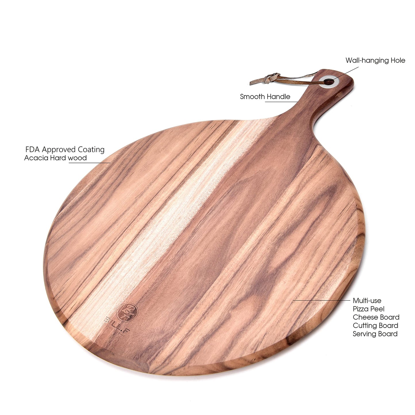 BILL.F Pizza Peel,14" L x 14" W Acacia Wood Cutting Board, with 5" Handle, 19" Overall Length