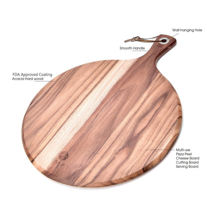 BILL.F Pizza Peel,14" L x 14" W Acacia Wood Cutting Board, with 5" Handle, 19" Overall Length
