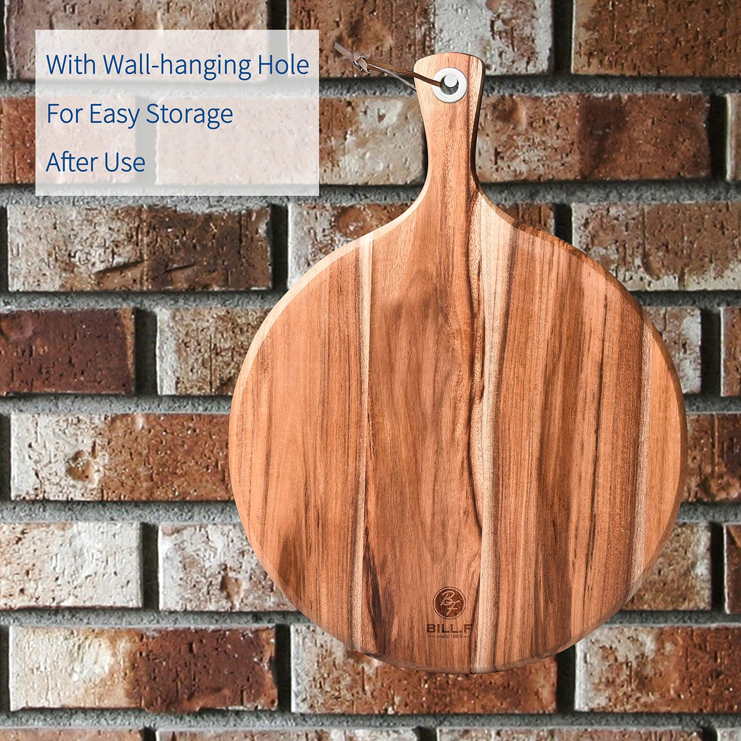 BILL.F Pizza Peel,14" L x 14" W Acacia Wood Cutting Board, with 5" Handle, 19" Overall Length