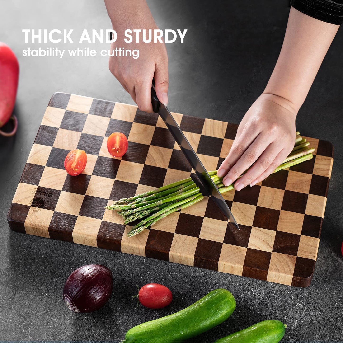 Wood Cutting Board Butcher Block, Wooden Chopping Board with Checkerboard Pattern and Inner Side Handles Meat Cheese Charcuterie Board, Ideal for Chopping, Slicing, and Dicing 15 * 8 inch