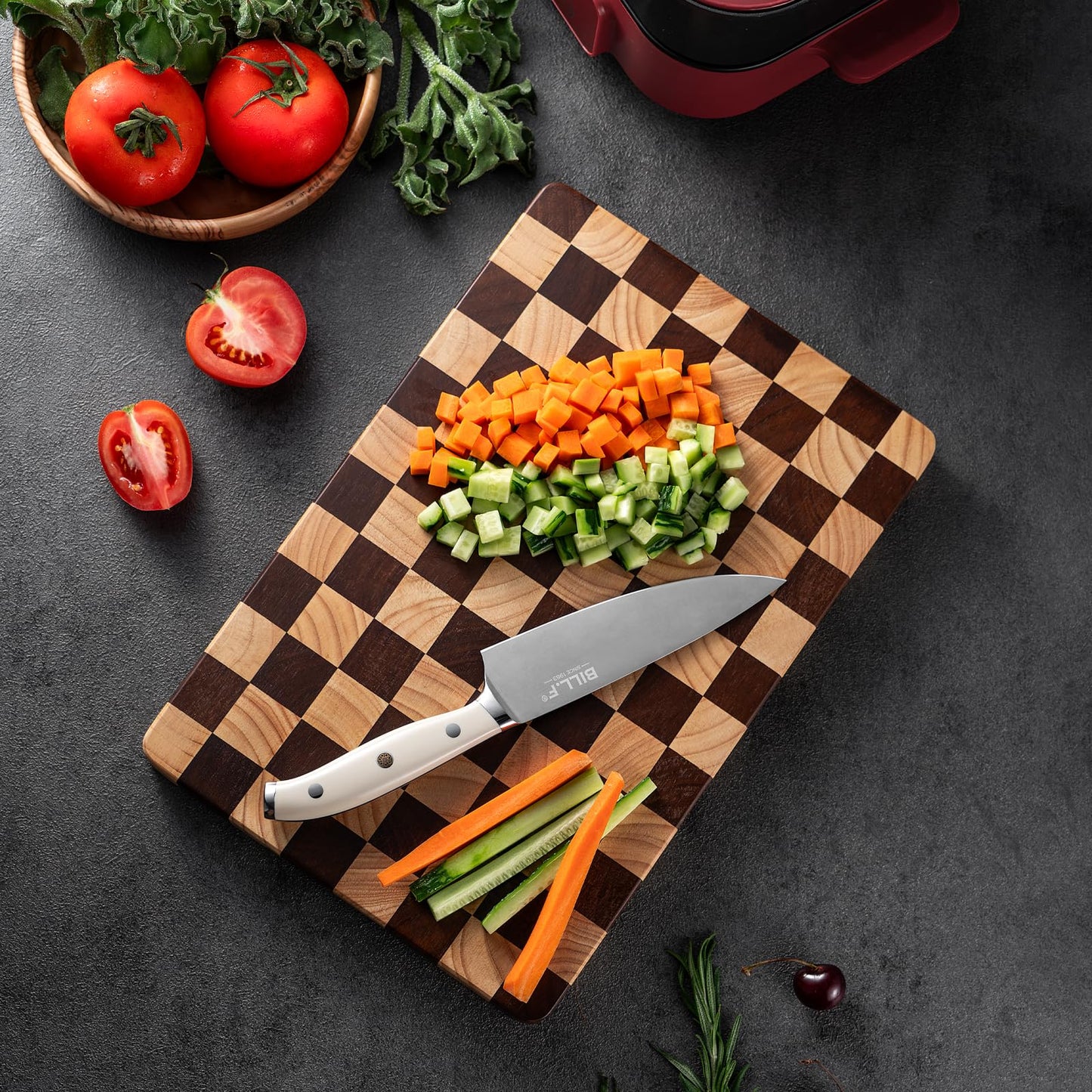 Wood Cutting Board Butcher Block, Wooden Chopping Board with Checkerboard Pattern and Inner Side Handles Meat Cheese Charcuterie Board, Ideal for Chopping, Slicing, and Dicing 14 * 9.5 Inch