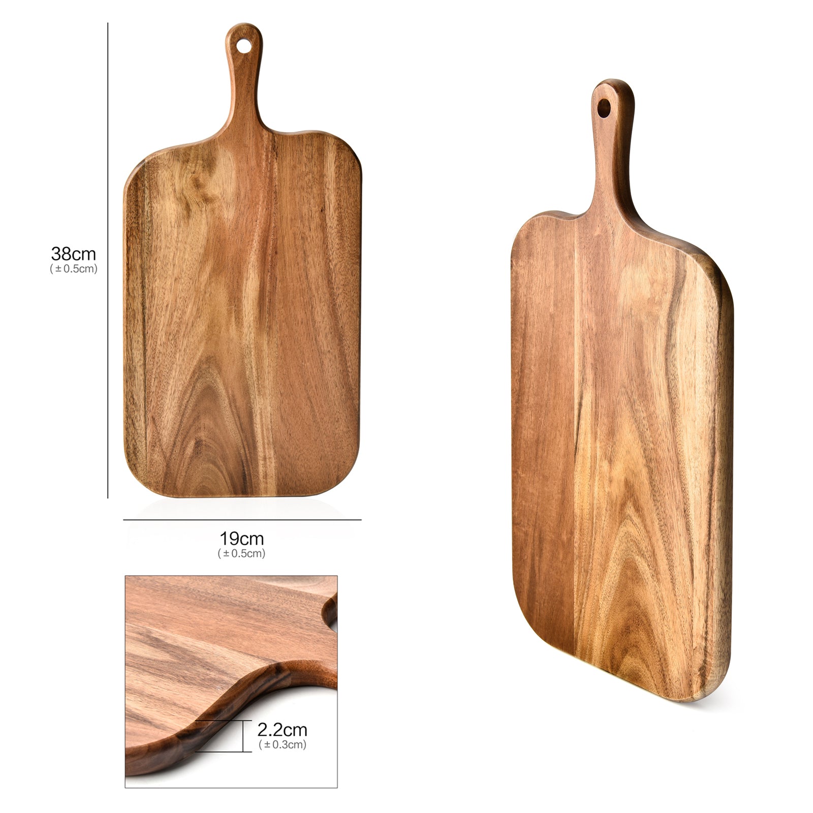 Acacia Wood Paddle Cutting Board with Handle - Knife Friendly Kitchen Butcher Block, Serving Tray, Cracker Platter 15'' x 7.5''