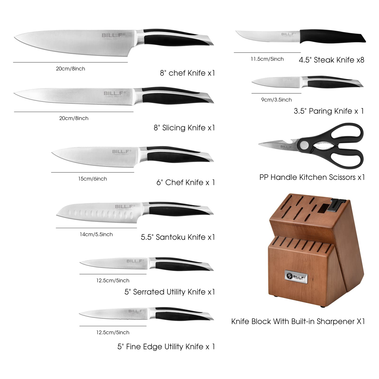  JF JAMES.F Knife Set, 17 Piece Dishwasher Safe Kitchen Knife Set  with Block Super Sharp Stainless Steel Knife Sets for Kitchen with Block,  Scissors & Built-in Sharpener: Home & Kitchen