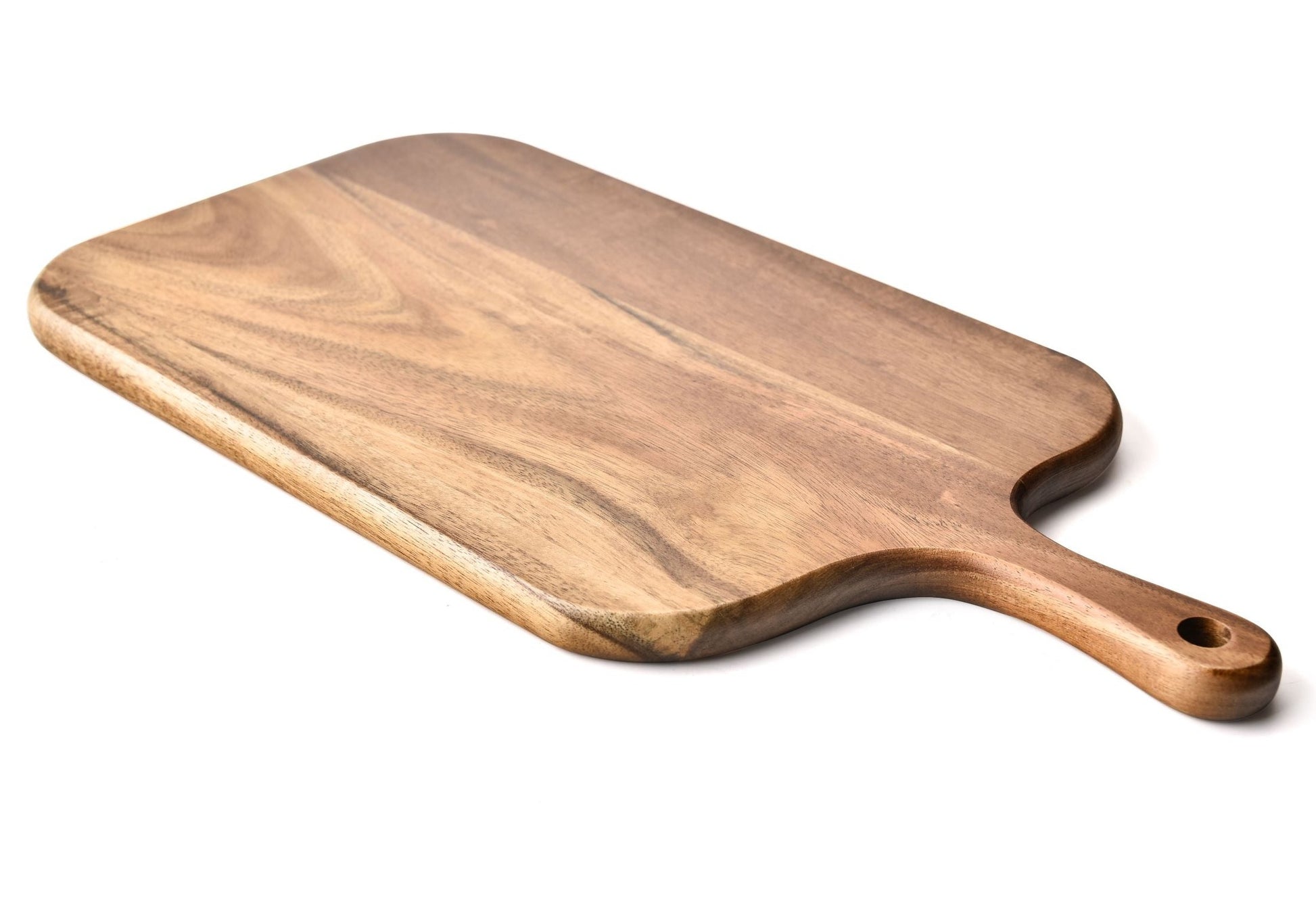 Acacia Wood Paddle Cutting Board with Handle - Knife Friendly Kitchen Butcher Block, Serving Tray, Cracker Platter 15'' x 7.5''