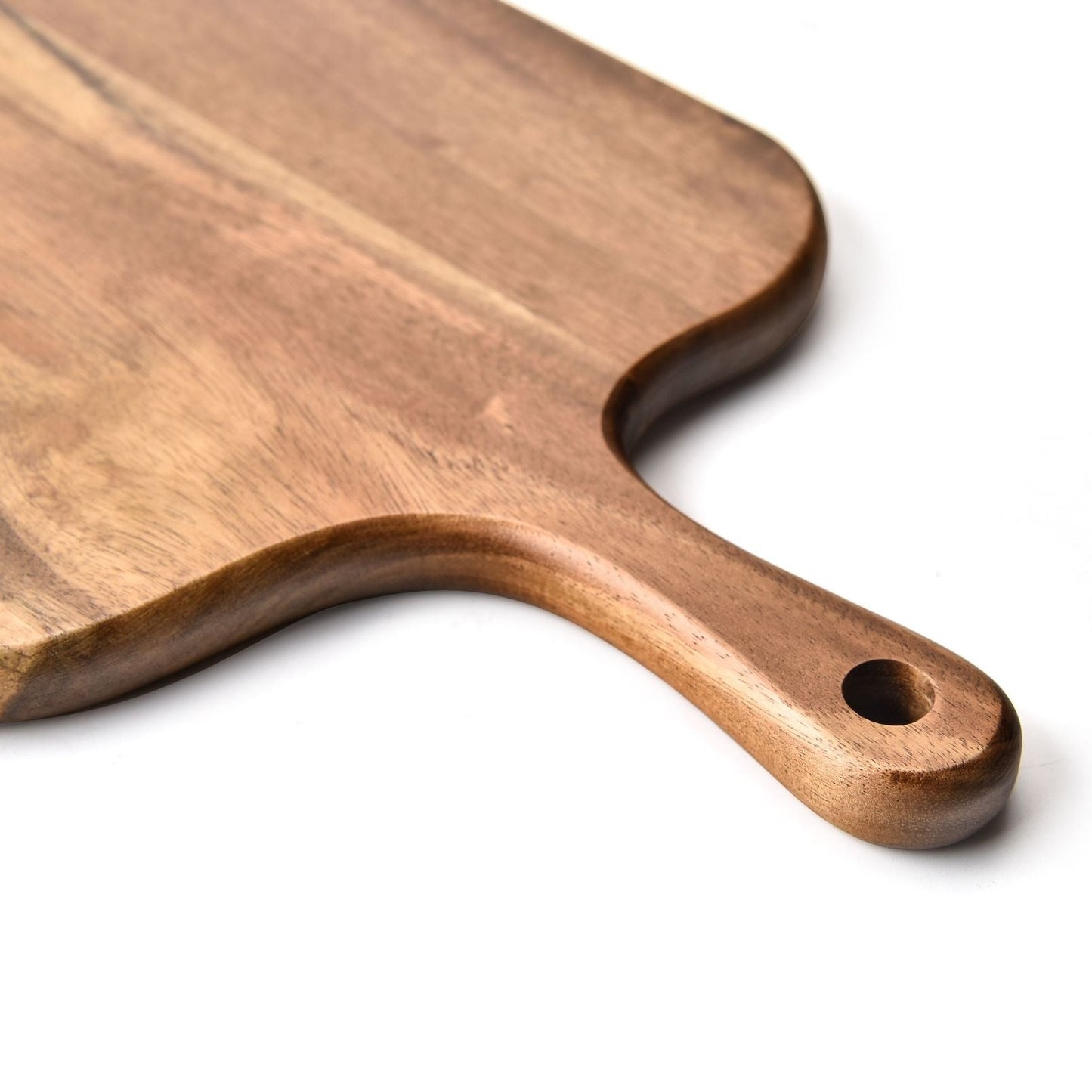 Acacia Wood Paddle Cutting Board with Handle - Knife Friendly Kitchen Butcher Block, Serving Tray, Cracker Platter 15'' x 7.5''