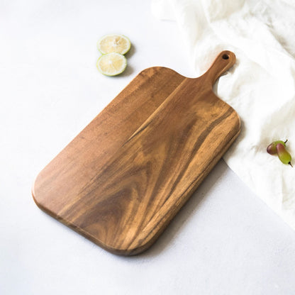 Acacia Wood Paddle Cutting Board with Handle - Knife Friendly Kitchen Butcher Block, Serving Tray, Cracker Platter 15'' x 7.5''