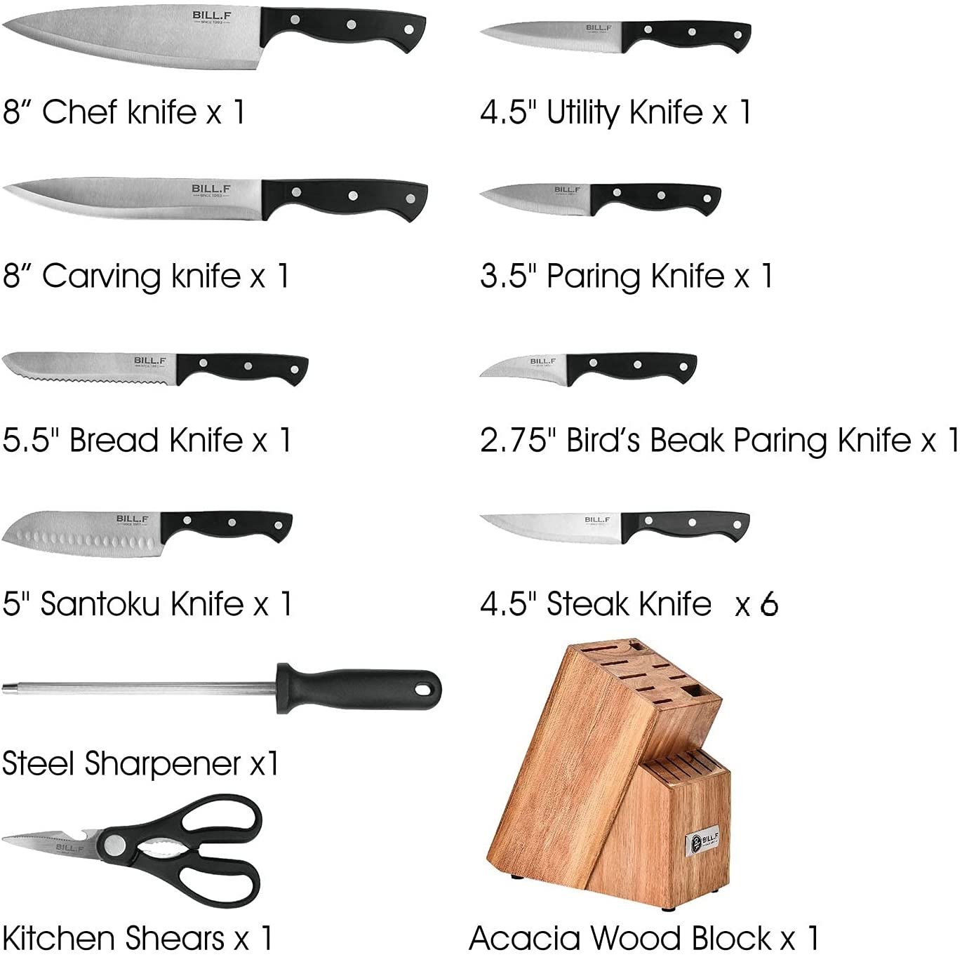 Bill.F® 17-Piece Cutlery Knife Block Set with Built-in Sharpener
