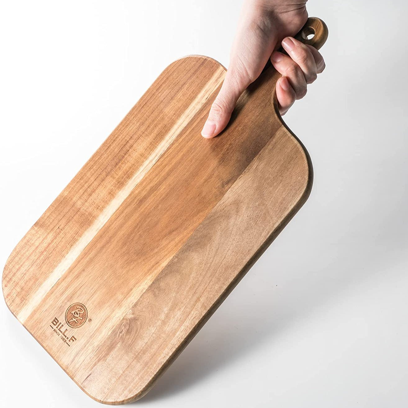 Acacia Wood Paddle Cutting Board with Handle - Knife Friendly Kitchen Butcher Block, Serving Tray, Cracker Platter 15'' x 7.5''