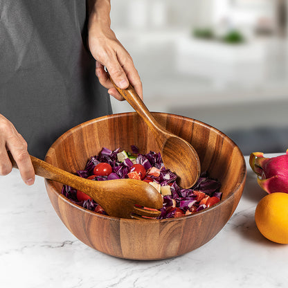 12" Salad Serving Bowl with Tongs Set, Acacia Large Bowl Set with Spoon and Fork