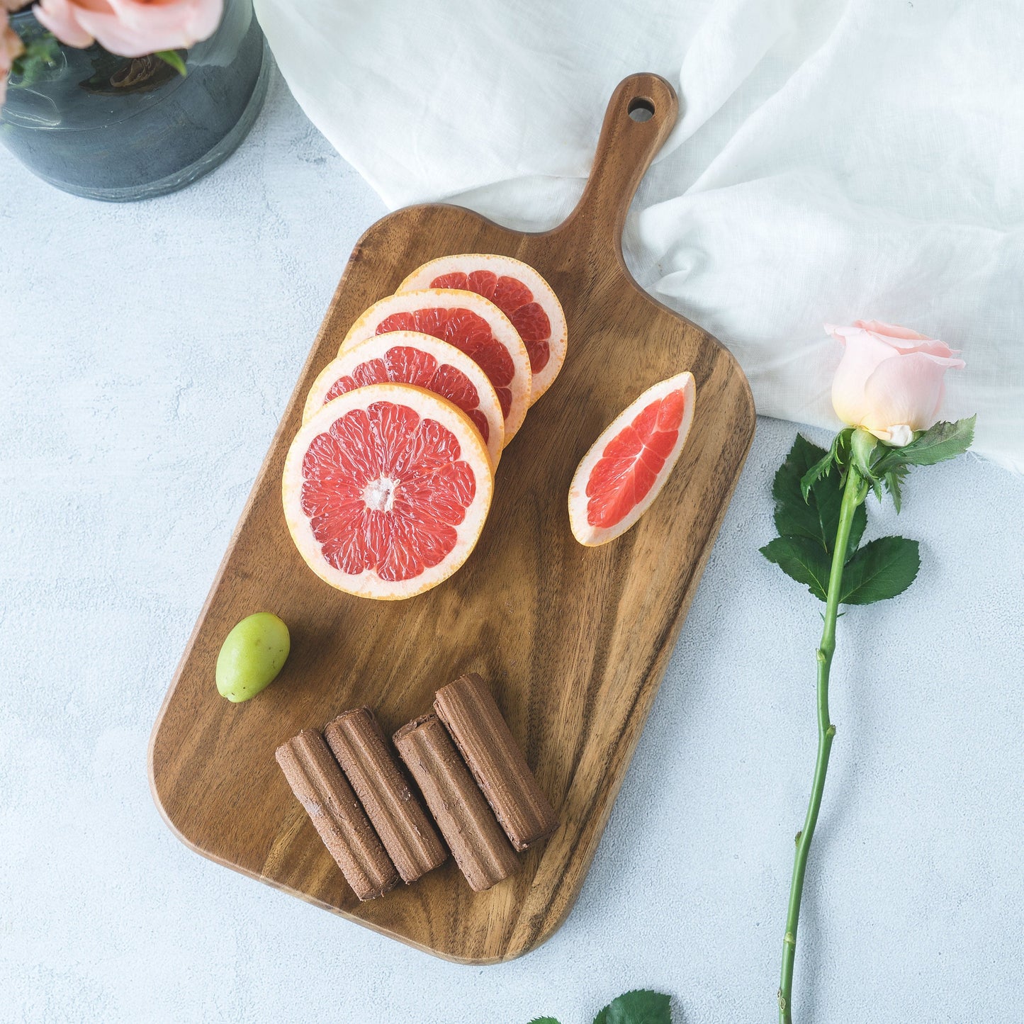 Acacia Wood Paddle Cutting Board with Handle - Knife Friendly Kitchen Butcher Block, Serving Tray, Cracker Platter 15'' x 7.5''